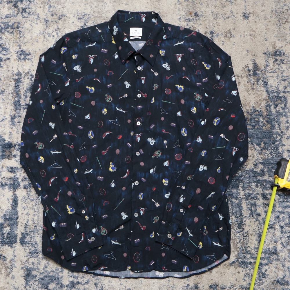 PS Paul Smith Mens AOP Button Down Shirt Long Sleeve Cotton Navy XL Tailored Fit